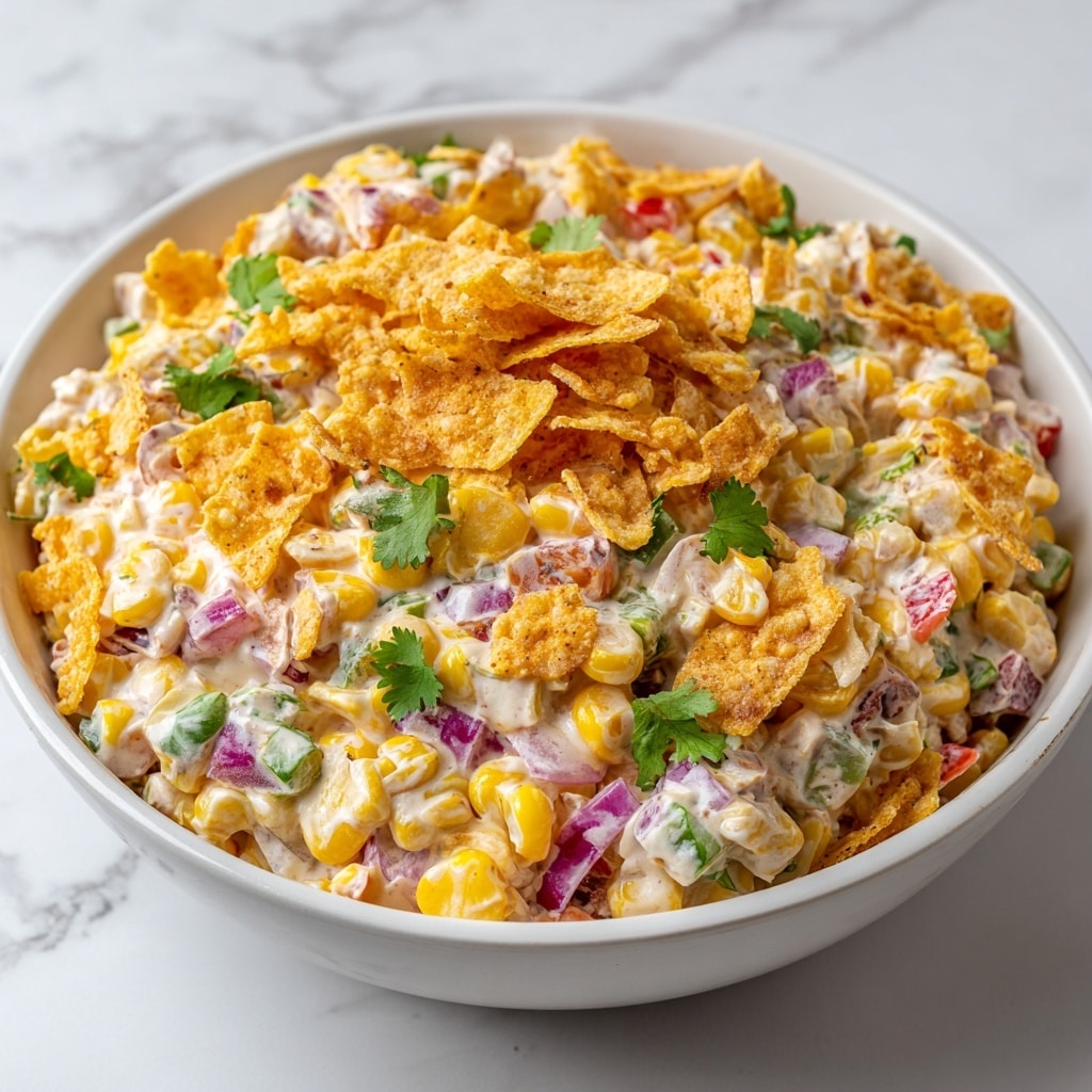A close-up top view of a creamy corn salad served in a white bowl, showing a mix of bright yellow corn kernels as the main layer, combined with finely chopped red bell peppers and red onions adding splashes of red and purple throughout. The salad is coated with a creamy dressing that gives a glossy texture. The top layer is sprinkled with crunchy orange tortilla chip pieces and small green cilantro leaves scattered on the surface for freshness and color contrast. The bowl is placed on a white marbled texture. photo taken with an iphone --ar 4:5 --v 7