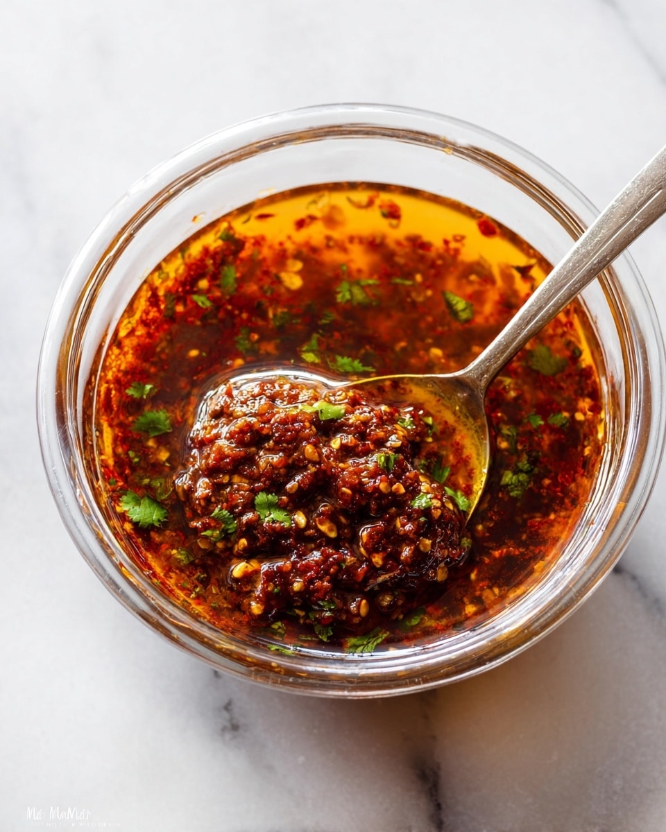 A clear glass bowl sits on a white marbled surface, filled with a two-layer mixture: a thick, dark reddish-brown textured layer of chili paste with visible bits of spices and herbs floats beneath a shiny, golden-orange layer of oil glistening on top. Small green cilantro leaves are scattered throughout, adding a fresh, bright contrast. A silver spoon rests inside the bowl, partially submerged in the mixture, capturing a spoonful of the chili paste and herbs. Photo taken with an iphone --ar 4:5 --v 7