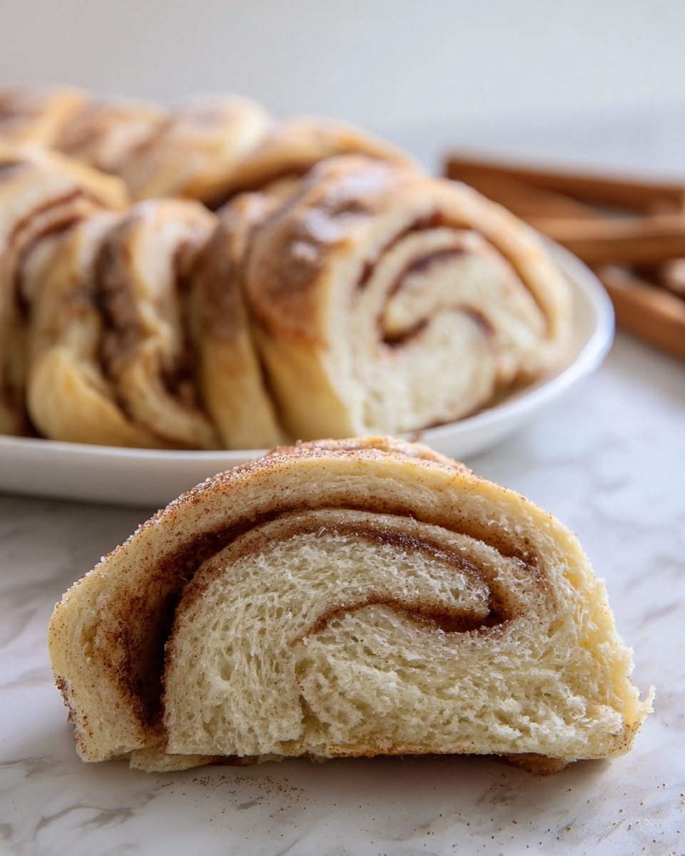 The image shows a twisted, layered cinnamon bread loaf resting on a black cooling rack against a white marbled surface. The bread has many thin layers, alternating between light golden dough and darker, cinnamon-sugar-coated dough, creating a striped pattern along its length. The twisted shape highlights the layered texture, with some areas showing a soft, fluffy inside and others a crisp, browned crust. Another similar loaf is blurred in the background, partly visible. Photo taken with an iphone --ar 4:5 --v 7