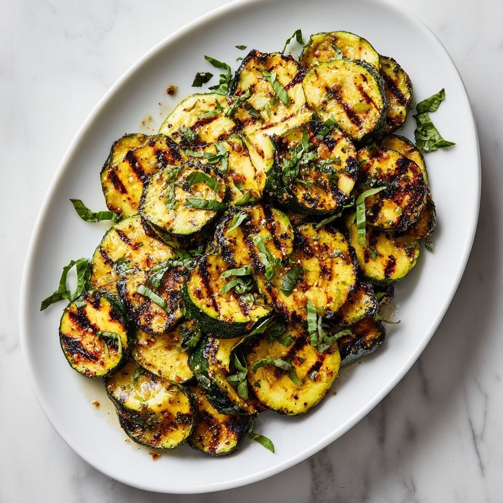 A white oval plate holds a layer of grilled zucchini slices, cut thin and slightly irregular in shape, showing a mix of yellow and green colors with dark brown grill marks. The zucchini pieces are scattered loosely, some overlapping, and garnished with small pieces of fresh green herbs, adding a pop of color. The edges of the zucchini are lightly charred, giving a rustic look. The background shows a white marbled texture. photo taken with an iphone --ar 4:5 --v 7