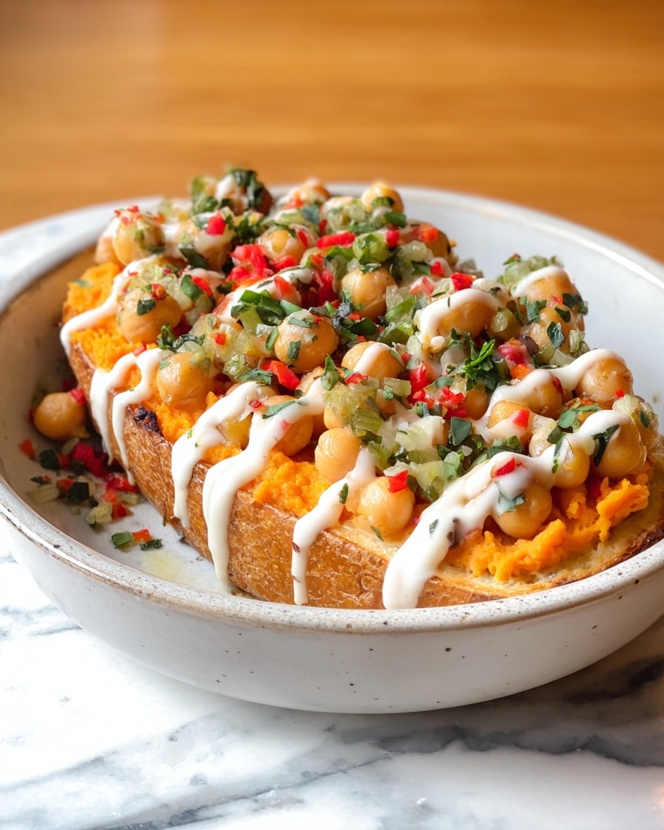 This dish shows a white bowl holding a toasted bread base with a golden-brown crust, topped with a thick layer of orange mashed sweet potatoes. On top, there is a mix of chickpeas with green herbs and finely chopped red and green peppers, all covered by a drizzle of creamy white sauce in thin stripes. The textures range from smooth mashed potatoes, soft chickpeas, to crunchy small vegetable pieces, all set on a white marbled surface. photo taken with an iphone --ar 4:5 --v 7