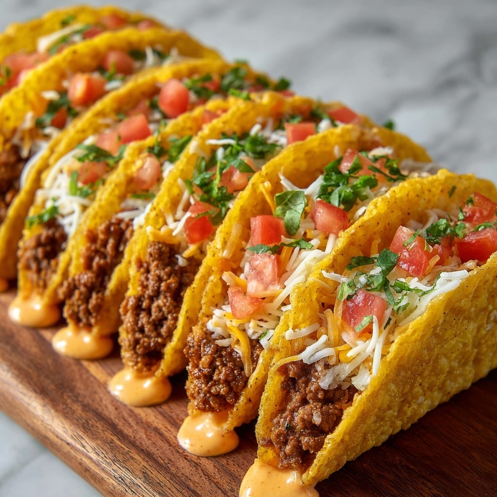 Three hard shell tacos are arranged in a row on a white plate with a white marbled texture background. Each taco has four layers: the outer yellow taco shell with specks of seasoning; inside, a bottom layer of cooked ground beef with a slightly coarse texture and brown color; above that, a thick layer of creamy orange sauce that drips slightly onto the plate; and on top, diced red tomatoes and finely chopped green cilantro sprinkled with thin strands of white shredded cheese. The sauce appears smooth and glossy, while the toppings add bright color and freshness. Photo taken with an iphone --ar 4:5 --v 7