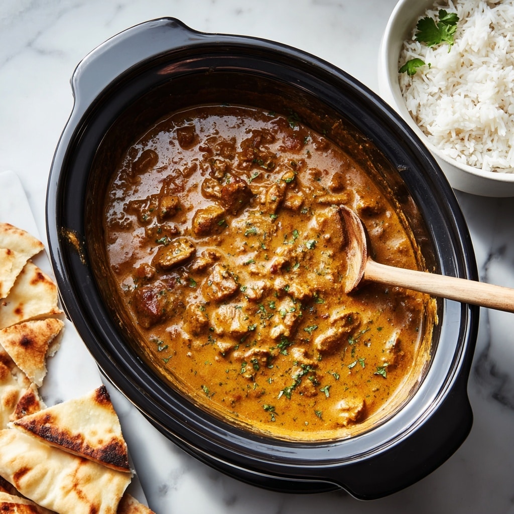 A black slow cooker filled with a creamy orange-brown curry with small pieces of meat spread evenly throughout, a wooden spoon inside stirring the curry on the right side. In the top left corner, there is a white bowl with plain white rice, and on the right side, fresh green cilantro leaves are placed on the white marbled surface. At the bottom left corner, pieces of flatbread with dark grill marks are casually laid out with some cilantro leaves. A striped cloth is underneath parts of the slow cooker and bread. photo taken with an iphone --ar 4:5 --v 7