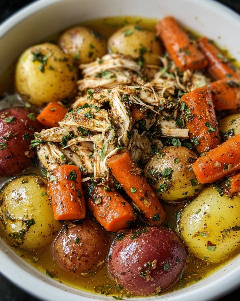 The image shows a white bowl filled with a hearty stew that has three main layers. The base layer is a golden-brown broth that looks rich and savory, partially covering the contents. Sitting on top are chunks of shredded chicken in the center, with a light brown color, tender texture, and some herbs sprinkled over it. Surrounding the chicken are whole baby carrots, some bright orange and smooth, and whole baby potatoes in two colors: reddish-purple and yellow, both with a glossy finish, all coated with finely chopped green herbs. The bowl is placed on a dark surface which is out of focus. photo taken with an iphone --ar 4:5 --v 7