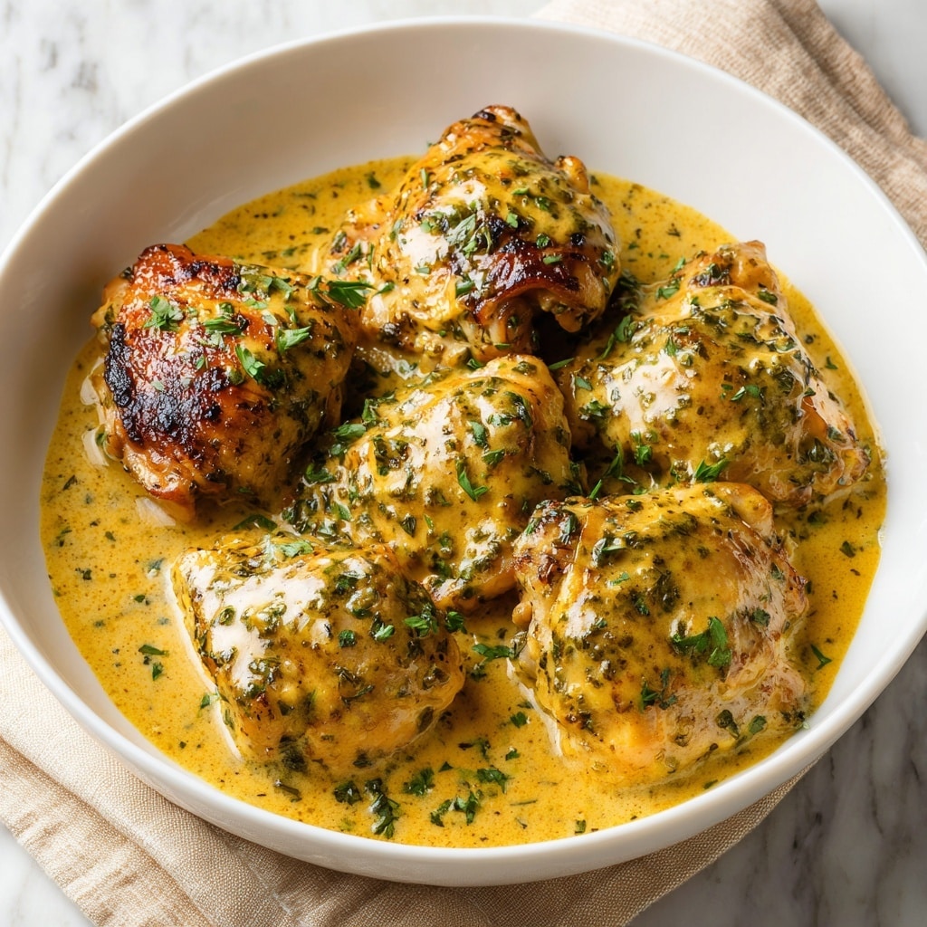 A white bowl filled with about ten golden-brown meatballs, each with a slightly crispy texture on top. The meatballs are covered in a thick, creamy yellow sauce with visible herbs mixed in. Small green parsley flakes are sprinkled generously over the meatballs and sauce, adding a fresh contrast. The sauce pools around the meatballs, making the dish look rich and juicy. The background shows a white marbled surface. photo taken with an iphone --ar 4:5 --v 7