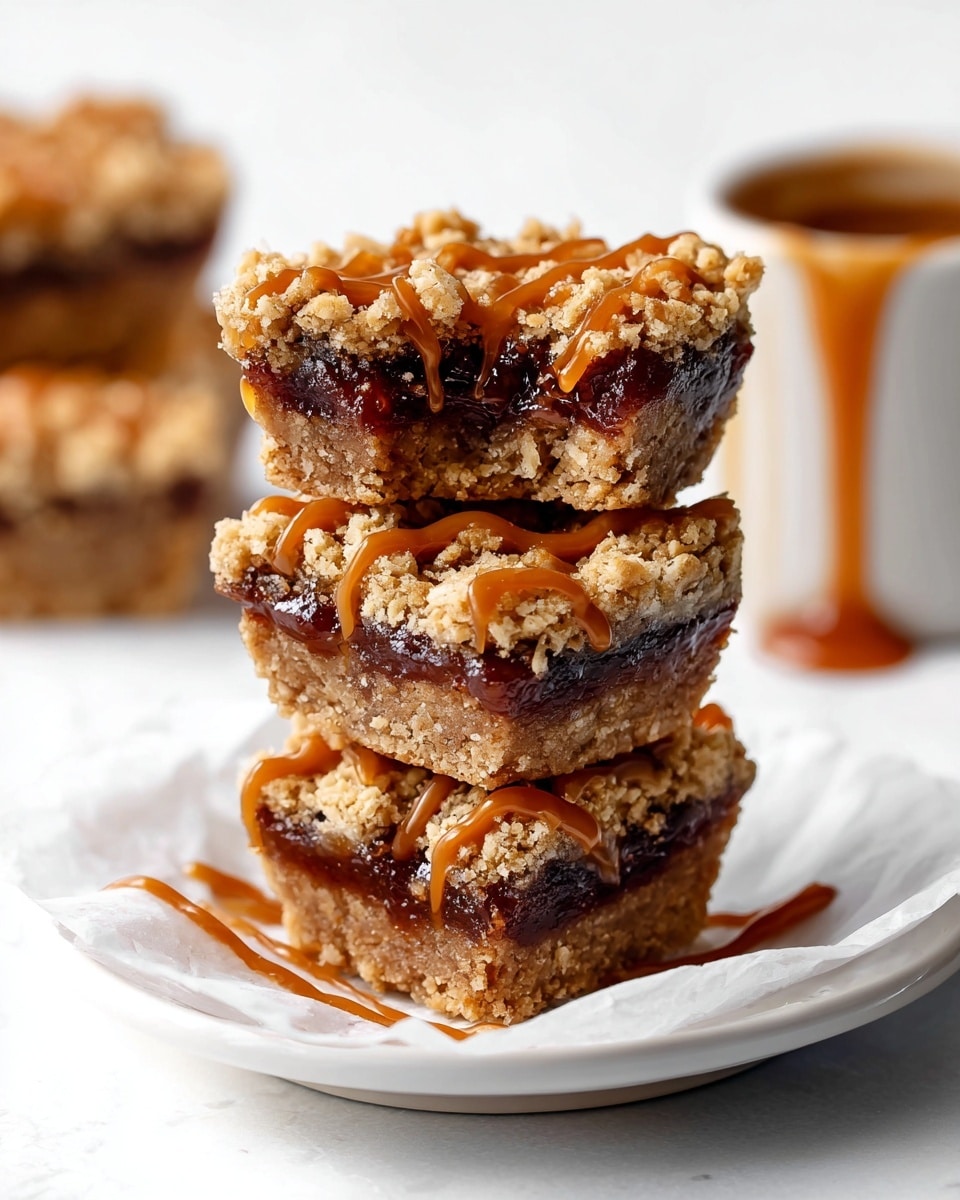 The image shows two stacked dessert bars on a white plate lined with crumpled white parchment paper, set against a white marbled surface. Each bar has three layers: the bottom crust is light brown and crumbly, the middle layer is a thick, dark brown rich filling, and the top layer is a golden brown crumbly topping drizzled with caramel sauce. The top bar has a bite taken out, revealing the dense filling inside. The background is softly blurred with another bar and a cup partially visible. Photo taken with an iphone --ar 4:5 --v 7