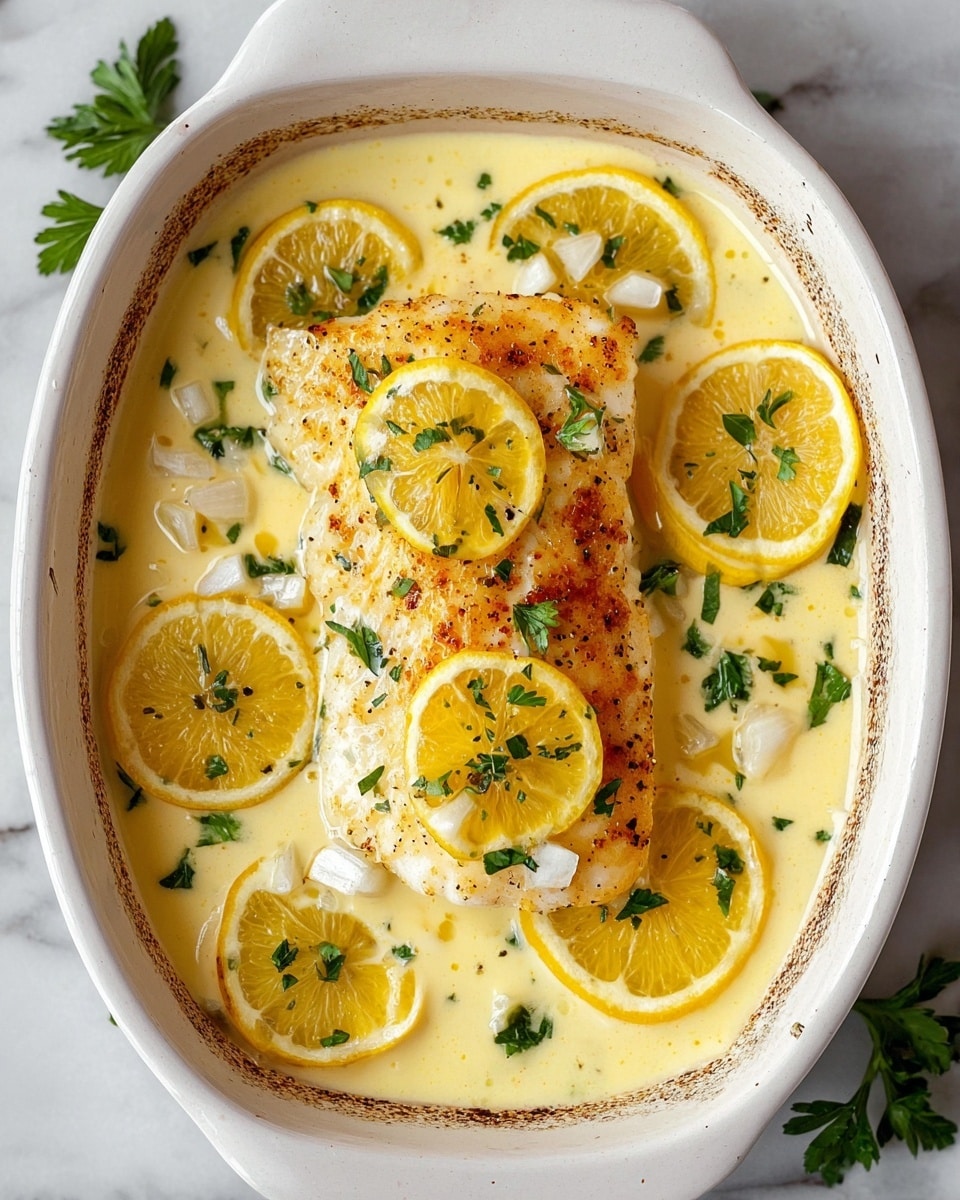 A single piece of golden-brown baked fish is placed in the center of a shallow white ceramic baking dish, surrounded by a creamy, pale yellow lemon sauce with a smooth texture. Around the fish, there are several bright yellow lemon wedges partially submerged in the sauce, along with small white diced onions or garlic pieces scattered on top and around the fish. Fresh green parsley leaves are sprinkled evenly across the dish, adding a pop of color. The edges of the baking dish show some light browning from baking. The dish is set on a white marbled surface with a fresh, clean look. photo taken with an iphone --ar 4:5 --v 7