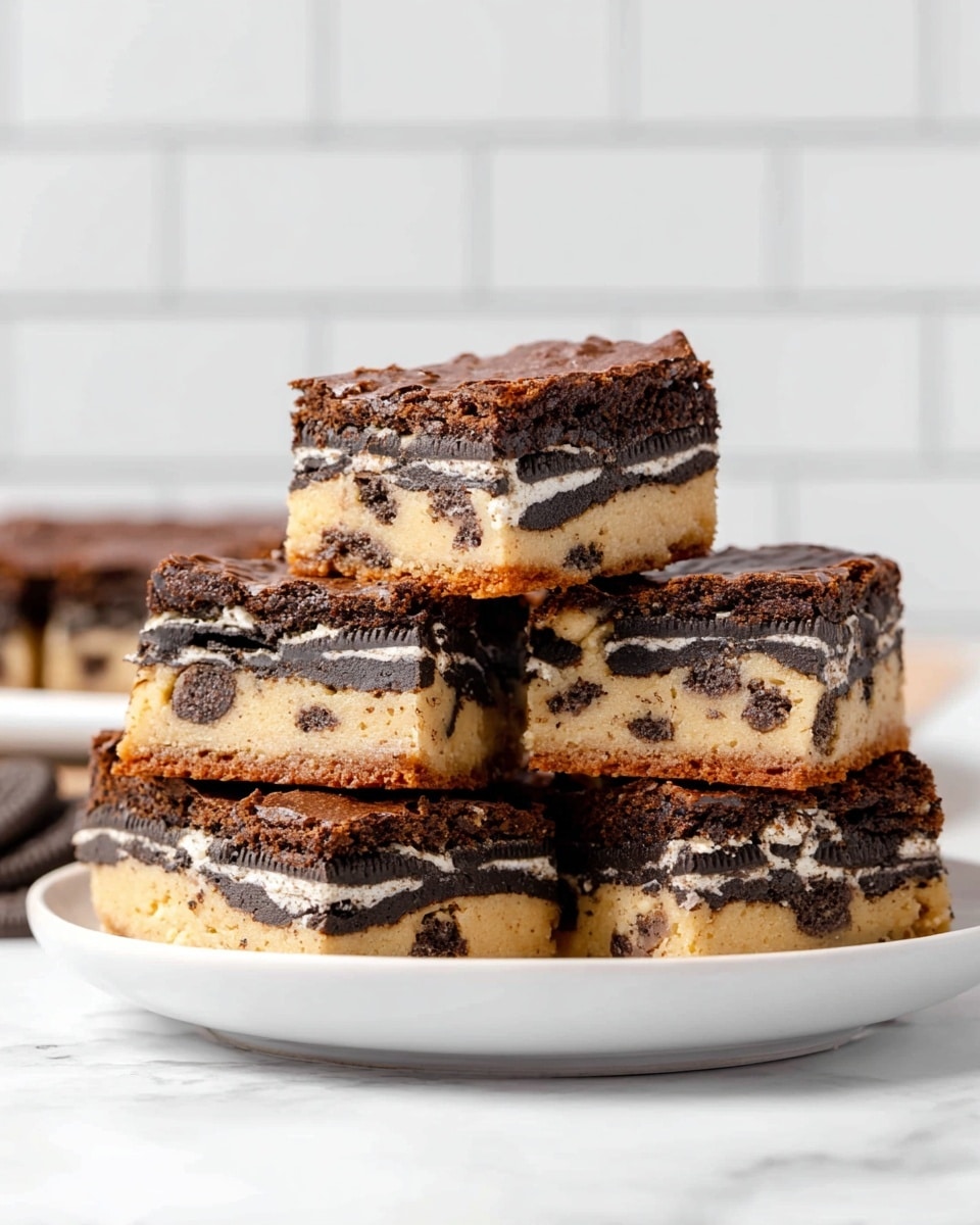 Two square dessert bars stacked on a white plate with a white marbled texture background. The bottom layer is light golden cookie dough with chocolate chips visible and a soft texture. Above the cookie dough is a dark chocolate brownie layer, dense with a cracked top texture. Between the cookie dough and brownie layers is a whole Oreo cookie with its black cookies and white cream filling clearly visible. The top bar has a bite taken out, showing the moist interior of the brownie layer. Photo taken with an iphone --ar 4:5 --v 7