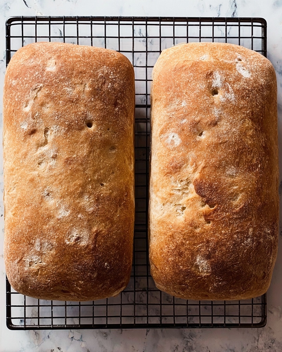 The image shows a loaf of brown bread with three deep cuts on top, sitting on a black cooling rack over a white marbled surface. Two slices of the brown bread are placed flat on the right side of the rack, showing a dense texture with small holes. In front of the bread, there is a small white cup filled with creamy, white butter or spread. The background has a soft blue and beige tone. photo taken with an iphone --ar 4:5 --v 7