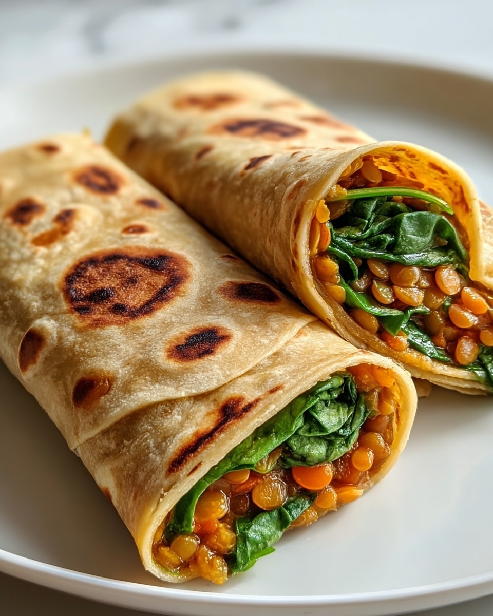 A close-up of a wrap cut in half and stacked, showing two layers of filling inside a grilled, golden brown tortilla with light and dark grill spots. The first layer consists of soft red tomato chunks mixed with cooked green lentils and finely chopped onions, giving a textured and colorful mix. The second layer has fresh, bright green spinach leaves that look slightly wilted and soft. The wrap is placed on a white plate with a smooth surface, all set on a white marbled texture background. photo taken with an iphone --ar 4:5 --v 7