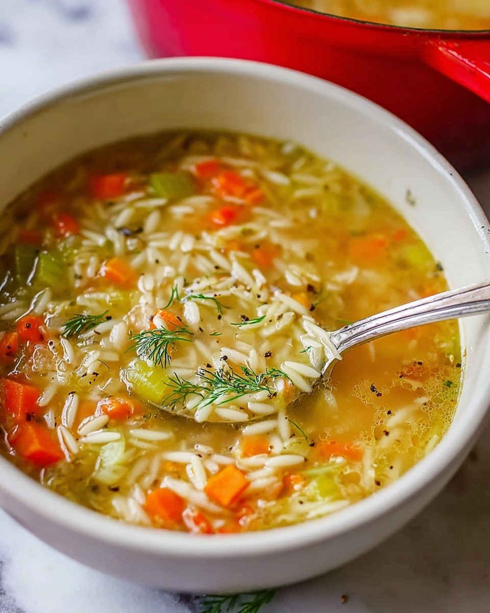 A close-up view of a pot filled with homemade chicken and rice soup. The soup has several layers visible: a thin broth layer with a light yellow-green color at the bottom, mixed with soft orzo rice grains that are white and slightly swollen. Scattered within are small pieces of orange carrot and light green celery giving texture and color contrast. Fresh green dill sprigs and small black pepper specks float on top, adding a fresh and peppery detail to the surface. The pot is a red enameled cast iron with an off-white interior, sitting on a white marbled surface. photo taken with an iphone --ar 4:5 --v 7