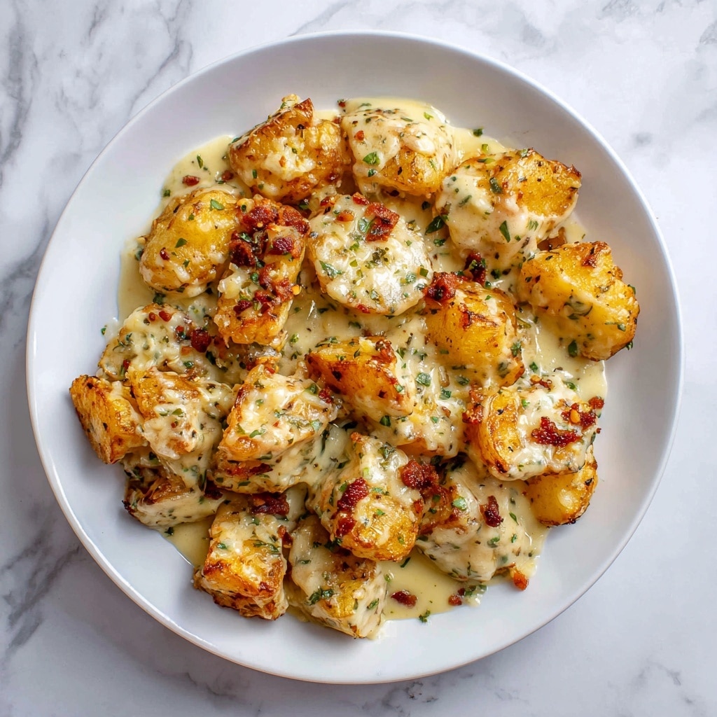 A white plate holds a dish of golden-brown, crispy potato chunks covered in a creamy melted cheese sauce that is slightly browned in spots. The potatoes are irregularly shaped, showing a crunchy texture on the outside with soft centers. The cheese sauce appears smooth and creamy with specks of herbs and small reddish bits, possibly bacon or spices, scattered throughout. The plate sits on a white marbled surface. photo taken with an iphone --ar 4:5 --v 7
