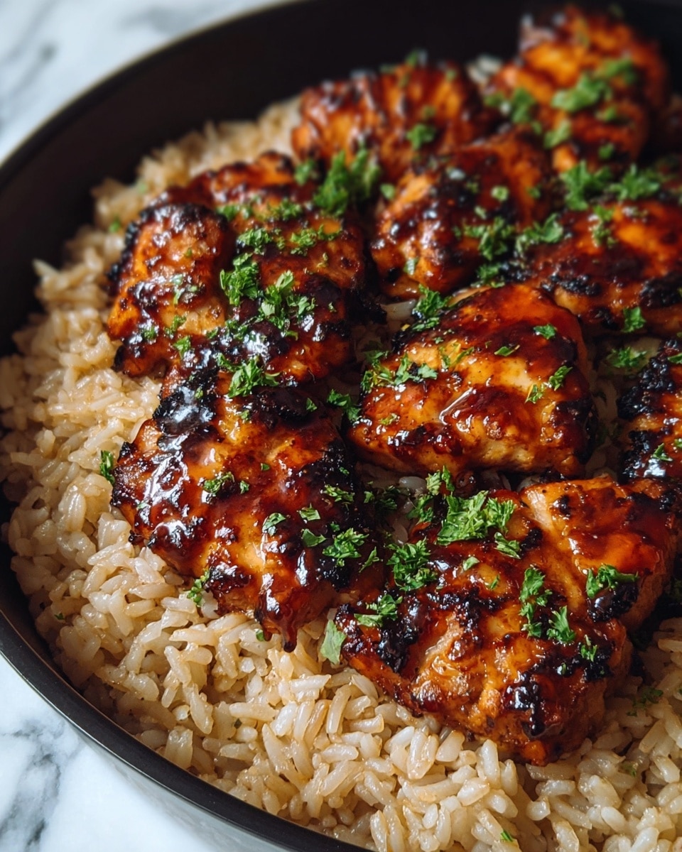 The image shows a close-up of a dish with two main layers: the bottom layer is light brown cooked rice with a soft and slightly glossy texture spread evenly across the base, and the top layer features several pieces of grilled chicken coated in a shiny, dark reddish-brown glaze with some charred edges, giving a caramelized look. Small green chopped herbs are sprinkled over the chicken, adding a fresh contrast of color. The food appears in a round black pan, and the whole scene is set against a white marbled surface. photo taken with an iphone --ar 4:5 --v 7