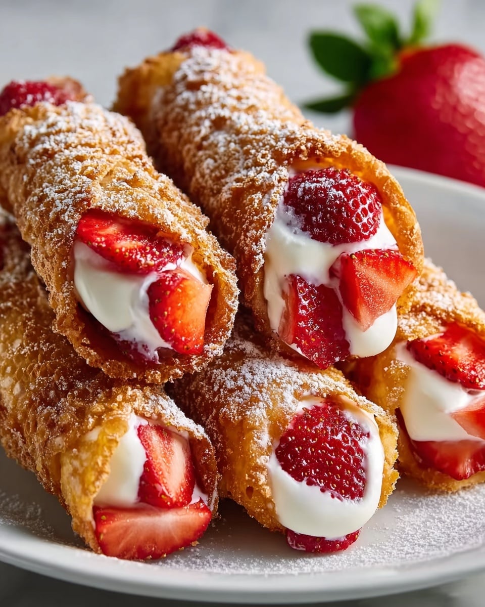 The image shows four rolled crepes arranged closely on a white plate, each crepe golden brown with a lightly crispy texture and dusted with powdered sugar on top. Inside each crepe, there is a layer of smooth white cream filling, topped with bright red strawberry pieces, some whole and some sliced, giving a fresh and juicy look. A few strawberries are placed casually around the crepes, adding vibrant red color and a touch of green leaf. The plate rests on a white marbled surface, enhancing the dish's warmth and freshness. photo taken with an iphone --ar 4:5 --v 7