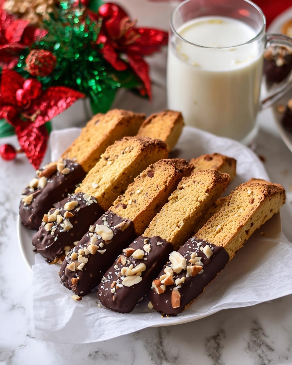 A white plate lined with parchment paper holds seven long, rectangular biscotti arranged in a small pile. Each biscotti is golden brown with a rough, crunchy texture and is dipped halfway in dark, glossy chocolate. The chocolate-covered ends are sprinkled with chopped almonds, adding a mix of light beige and brown pieces on the dark chocolate. In the background, to the left, there is a clear glass filled with creamy white milk. Surrounding the plate are green pine branches and red Christmas-themed decorations with a soft white marbled surface underneath. photo taken with an iphone --ar 4:5 --v 7