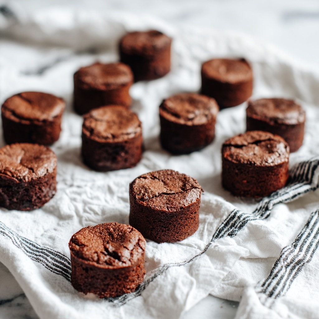 The image shows a pile of small chocolate brownie bites arranged casually on a white marbled surface with a striped cloth in the background. The brownie bites have a rich brown color with a slightly cracked top layer, showing a soft and moist crumb inside. One brownie bite is cut in half and placed vertically in the center, revealing its dense, fudgy texture inside, while the other pieces lay around it in various angles. The overall look is warm and inviting with soft natural lighting. photo taken with an iphone --ar 4:5 --v 7