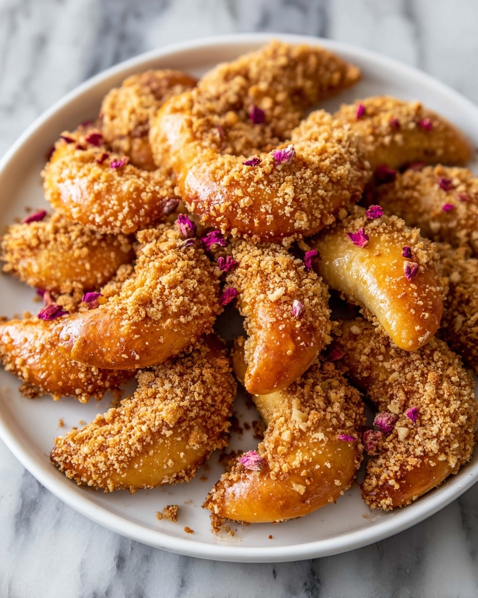 The image shows a close-up of several crescent-shaped pastries arranged in a white plate on a white marbled surface. Each pastry has a shiny golden-brown outer layer with a smooth texture and is coated halfway with crumbly crushed nuts, adding a rough and chunky texture to one end. Small purple flower petal bits are sprinkled lightly over the pastries, adding specks of color on the warm brown tones. The pastries are piled closely together, filling the plate and overlapping slightly. photo taken with an iphone --ar 4:5 --v 7