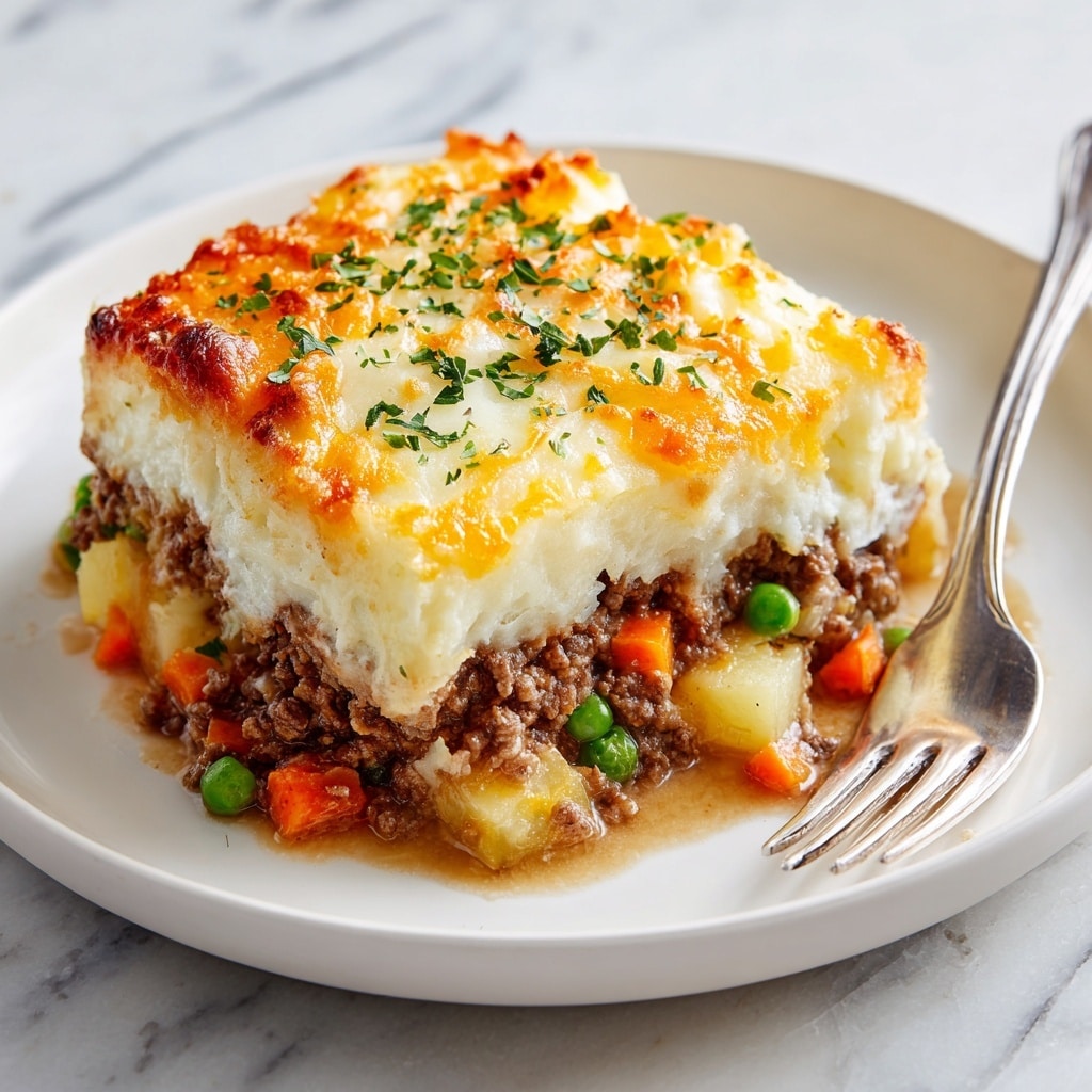 A close-up of a white plate holding a layered shepherd’s pie in a thick slice. The bottom layer has golden-brown cooked diced potatoes mixed with orange carrot pieces, green peas, and brown ground meat in a gravy sauce. The top layer is creamy mashed potatoes covered with a browned melted cheese crust, and fresh green herbs sprinkled on top for garnish. The plate sits on a white marbled surface with a fork resting on the edge. photo taken with an iphone --ar 4:5 --v 7