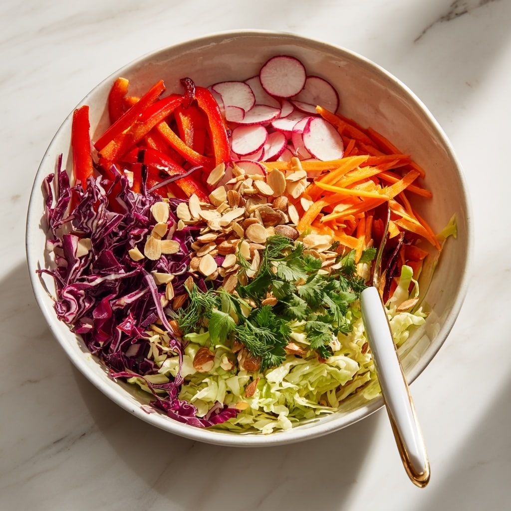 A large white bowl holds a colorful fresh salad with many layers. The bottom layer is shredded green cabbage mixed with thin purple cabbage strips, creating a mix of light green and deep purple colors. On top, there are thin slices of red bell pepper, carrot sticks, and radish rounds adding bright red, orange, and pink shades. Scattered across are light brown almond slices and fresh green herbs like parsley and dill, adding texture and color contrast. A white salad serving spoon rests inside the bowl on the right side. The bowl sits on a white marbled surface with soft, natural light shining from the left side. Photo taken with an iphone --ar 4:5 --v 7