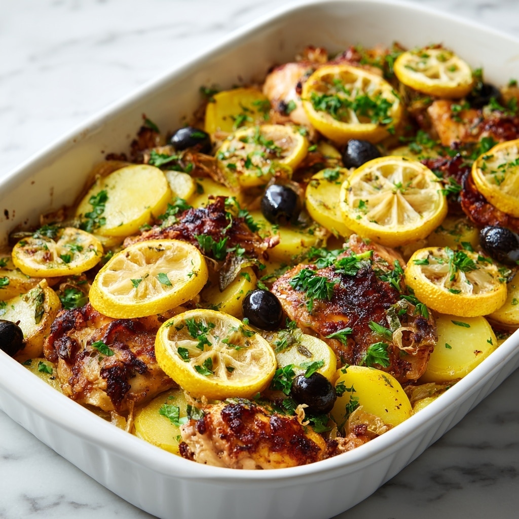 The image shows a white baking dish filled with layers of food starting at the bottom with yellow potato slices that have light browning around the edges. On top of the potatoes are golden brown roasted chicken pieces with crispy, slightly charred skin. Scattered across the dish are several thin, round lemon slices with some browned edges, small black olives, and fresh green parsley leaves. The food looks juicy with a sprinkle of herbs and garlic bits over the chicken, creating a textured, colorful, and fresh appearance. The white baking dish sits on a white marbled surface. Photo taken with an iphone --ar 4:5 --v 7