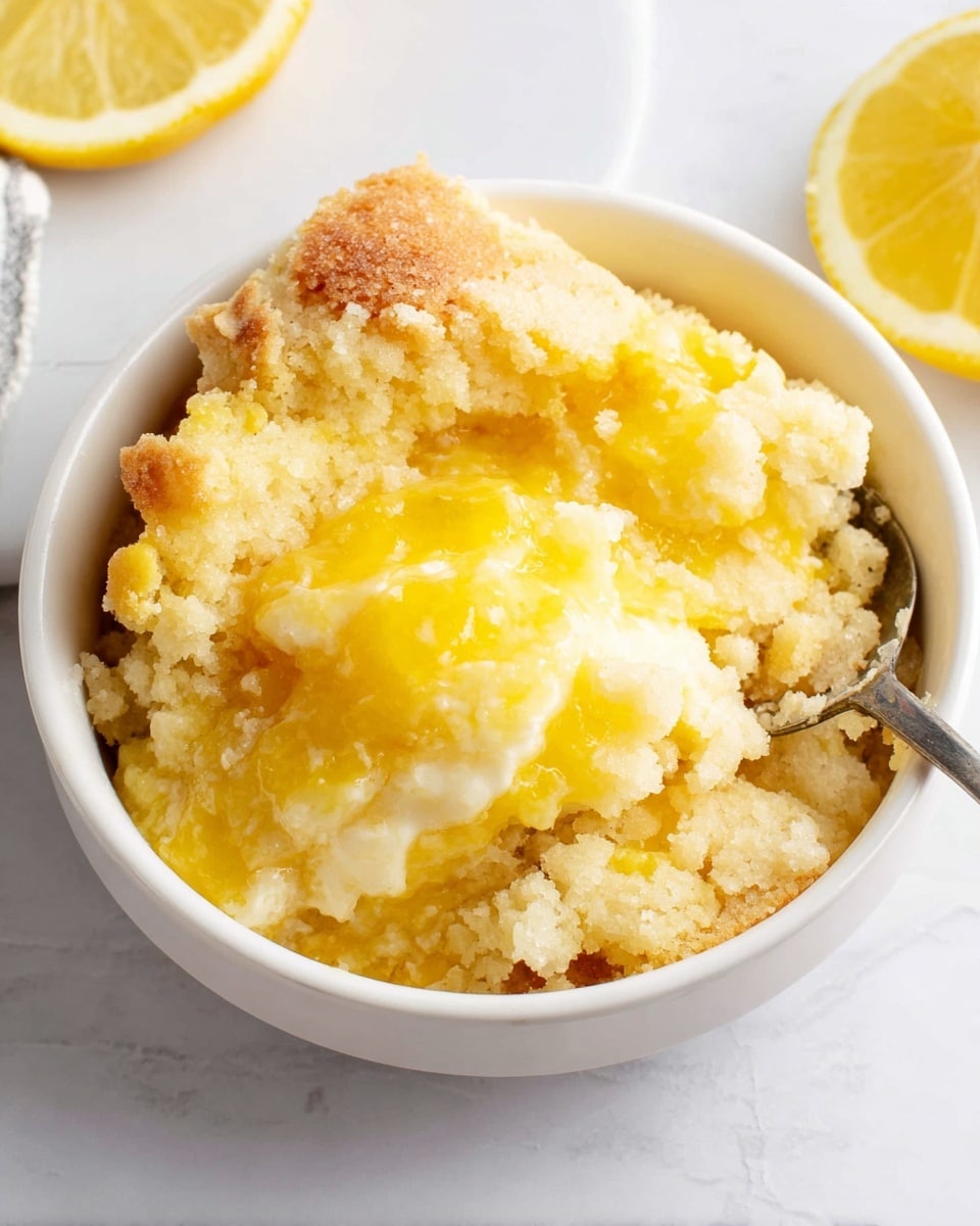 A clear glass baking dish holds a lemon dessert with three visible layers; the bottom layer is bright yellow and gooey, the middle layer is smooth and creamy white, and the top layer is a cracked, golden-brown crust with a slightly rough texture. A silver spoon is placed inside the dish, scooping out a portion from the bottom right corner, revealing the layers clearly. The dish sits on a white marbled surface with white cloth and whole and halved lemons in the background. Photo taken with an iphone --ar 4:5 --v 7