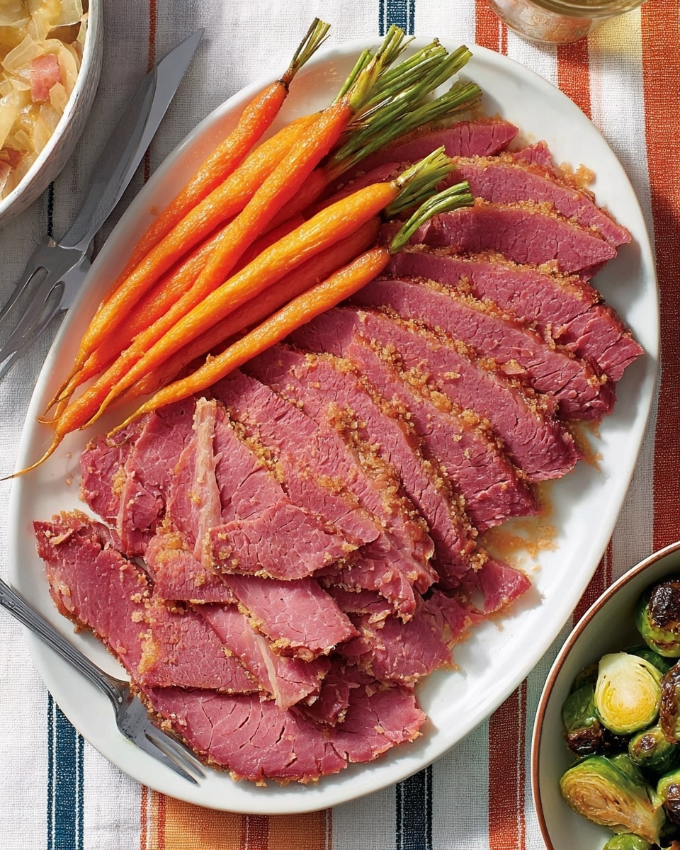 A white oval plate with two main layers: the bottom layer shows a group of whole bright orange roasted carrots with green tops, arranged parallel along the upper side of the plate, the top layer consists of thick slices of pinkish-red roasted meat with a golden-brown crust and visible seasoning, stacked closely in an overlapping pattern covering most of the plate. A silver fork rests on the bottom left corner of the plate. In the background to the upper right, there is a white bowl filled with roasted Brussels sprouts that are green with browned edges, all placed on a white marbled surface with a striped cloth in beige, blue, and orange tones below. Photo taken with an iphone --ar 4:5 --v 7