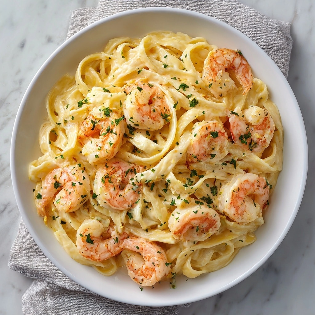 A white shallow bowl filled with creamy fettuccine pasta layered evenly with plump, cooked shrimp scattered on top, each shrimp showing a light orange color with a hint of pink. The pasta is coated in a smooth, pale yellow sauce with flecks of green parsley sprinkled all over, adding a touch of freshness. The strands of fettuccine appear soft and lightly curled, mixing well with the shrimp in a well-blended arrangement. The dish sits on a white marbled textured surface with a cloth partially visible. Photo taken with an iphone --ar 4:5 --v 7
