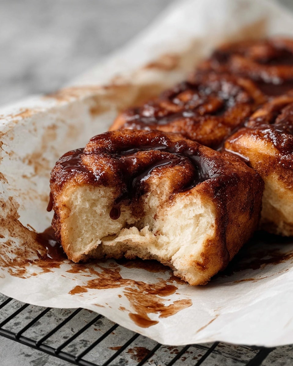The image shows two white parchment paper-lined baking trays, each filled with six soft, freshly baked cinnamon roll pieces. Each roll has a golden brown color with a darker cinnamon sugar layer on top, slightly gooey and shiny from a sticky glaze or melted butter. The rolls appear fluffy and well-risen, with a slightly rough texture on the surface where the cinnamon sugar has caramelized. The trays rest on a black wire cooling rack, all set against a white marbled textured background. photo taken with an iphone --ar 4:5 --v 7
