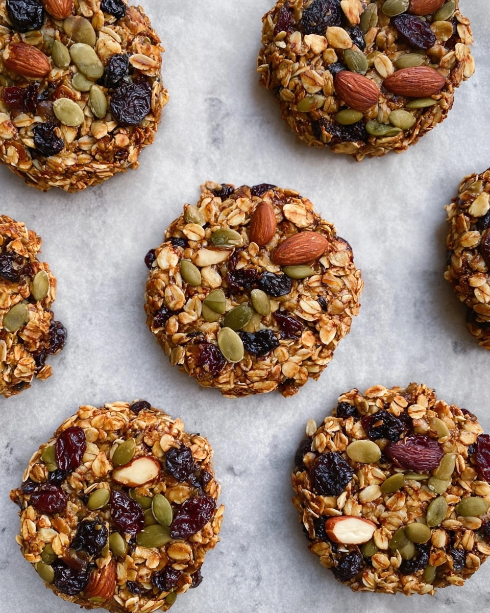 A close-up view of a round granola cookie held by a woman's hand at the top center, filled with visible layers of oats, whole almonds, pumpkin seeds, dried cranberries, and chia seeds, all bound together with a glossy syrup giving a slightly sticky texture. Three more granola cookies rest on a black wire cooling rack placed on a white marbled surface, each cookie showing a similar mix of nuts and seeds with a crunchy and dense texture. The arrangement highlights the toasty golden-brown colors of the oats and nuts with pops of dark red and green from the dried fruit and seeds. photo taken with an iphone --ar 4:5 --v 7