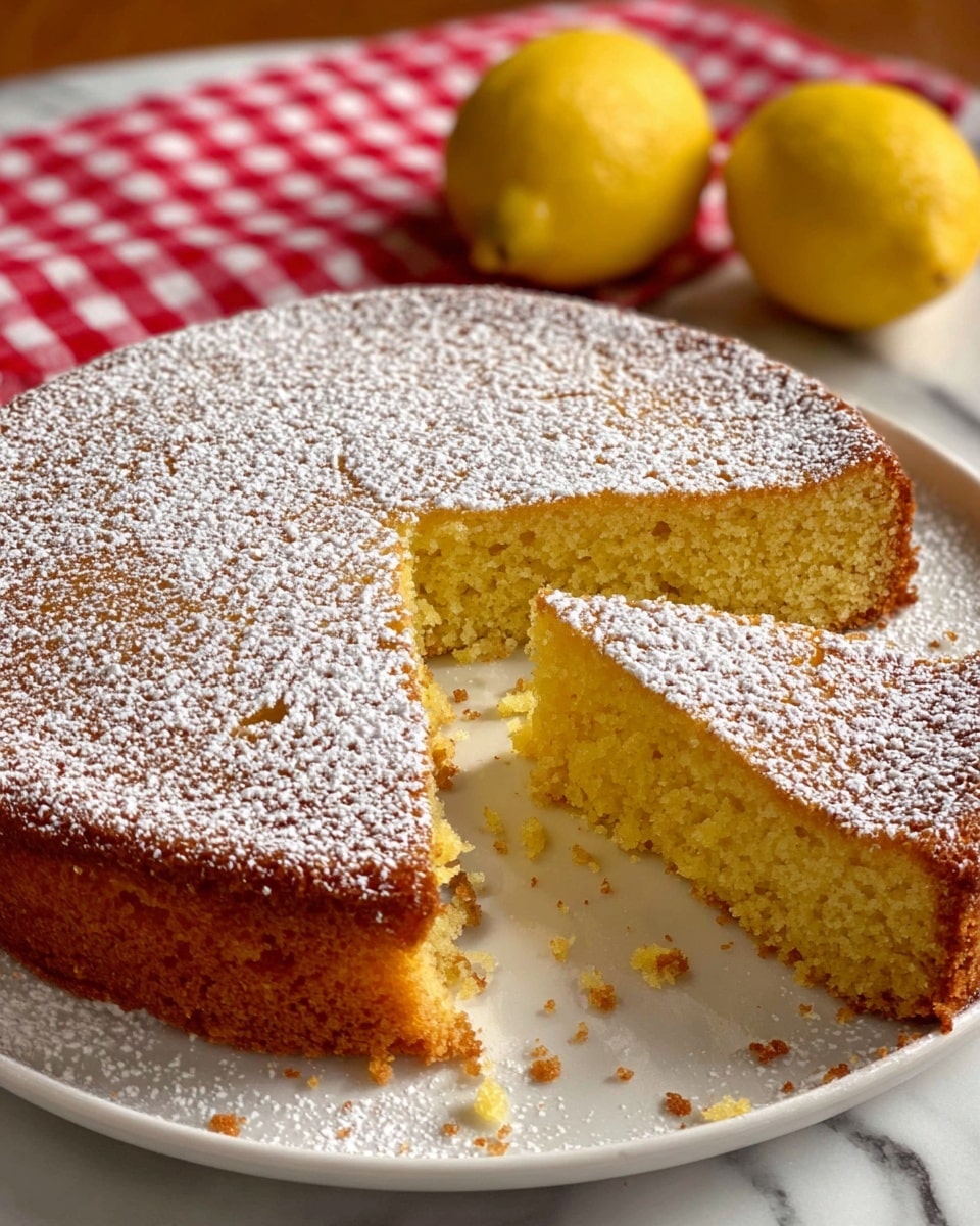 A round cake with one slice cut and slightly pulled out, showing a soft, moist yellow interior with a crumbly texture, topped with a thin layer of white powdered sugar that covers the entire surface evenly. The cake has a light golden-brown crust on the edges and is served on a white plate. In the background, there are two whole yellow lemons placed on a red and white checkered cloth, all set on a white marbled surface. photo taken with an iphone --ar 4:5 --v 7
