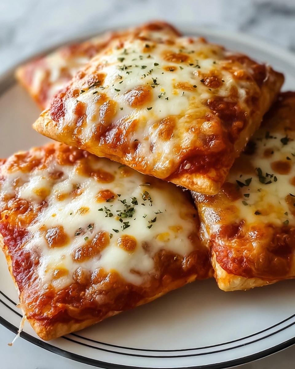 The image shows three square pizza pockets placed closely on a white plate with simple black lines. Each pizza pocket has a thick golden-brown crust base topped with a bright red tomato sauce layer that slightly peeks out at the edges. Above this, there is a generous melted cheese layer that is creamy white with browned spots from baking, giving a bubbly, gooey texture. Small green herb flakes are sprinkled on top of each pocket, adding color contrast. The background is a white marbled texture, and the focus is on the glossy, melty cheese topping. photo taken with an iphone --ar 4:5 --v 7