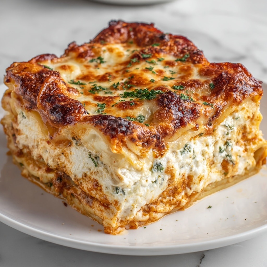 A thick square piece of baked lasagna is shown on a white plate, sitting on a white marbled surface. The top layer is golden brown with bubbly, slightly crispy melted cheese with small green herb bits sprinkled across. Below that, there is a creamy white cheese layer with bits of spinach or herbs mixed in. The bottom layer looks browned and baked with melted cheese and hints of tomato sauce visible, adding a reddish tint. The edges of the lasagna have nicely browned, slightly crispy cheese crusts, and the whole piece looks moist and rich. photo taken with an iphone --ar 4:5 --v 7
