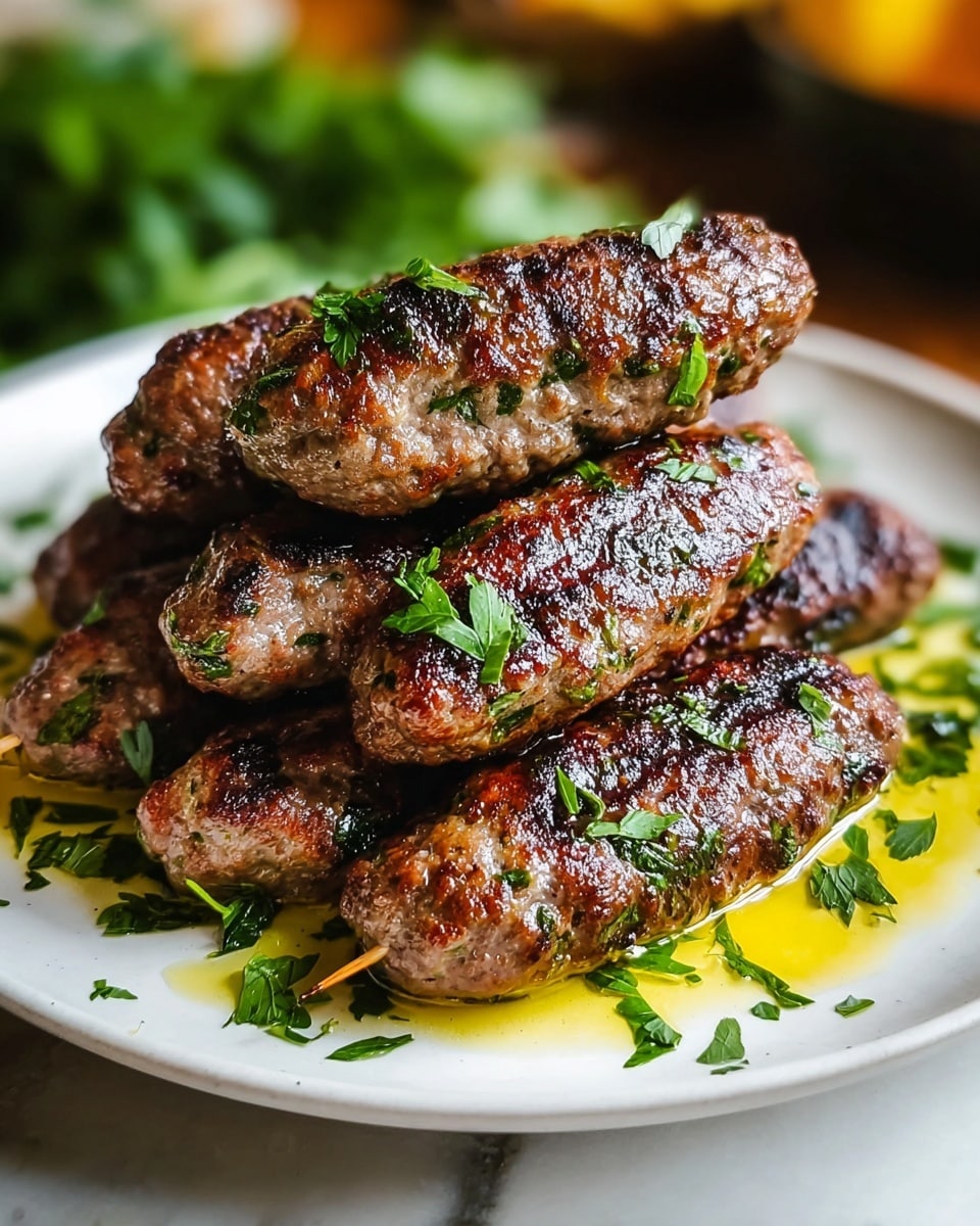A white plate holds a pile of grilled meat patties, about two layers stacked. The bottom layer shows smaller, round patties with a shiny golden brown crust and some green herbs mixed in. The top layer has longer, oval-shaped patties with a nicely charred surface and glistening oil around them. Fresh chopped green herbs are sprinkled on top and around the edges of the plate, adding bright green color against the rich brown meat and pan juices. The plate sits on a white marbled surface with blurred green and yellow shapes in the back. photo taken with an iphone --ar 4:5 --v 7