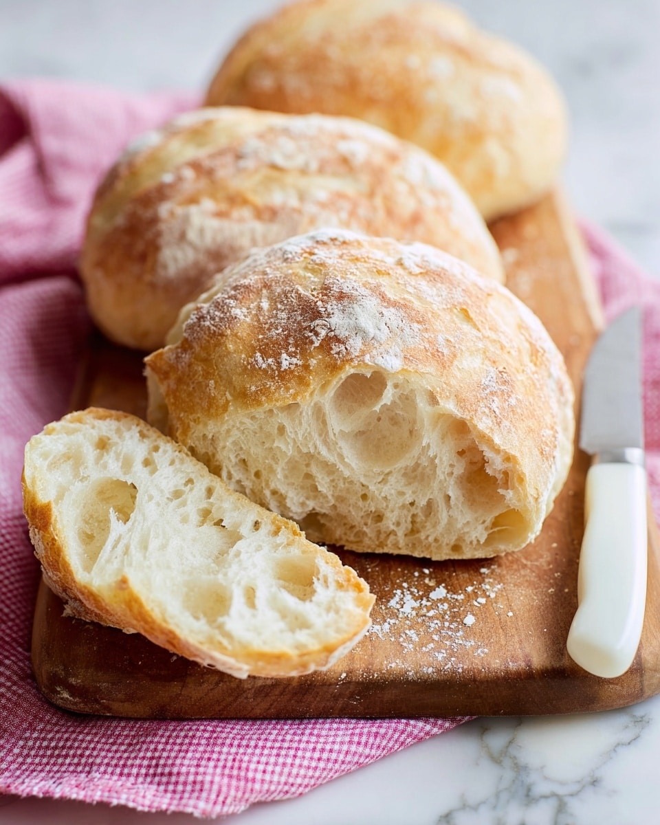 Four round bread rolls with a golden brown crust and light dusting of white flour on top are lined up side by side on a wooden board. Each roll has a slightly different shade of golden brown and texture, with some showing light cracks and baked spots. The wooden board sits on a crumpled white and pink checkered cloth, all placed on a white marbled surface. The scene is bright and simple, highlighting the fresh, rustic look of the bread. Photo taken with an iphone --ar 4:5 --v 7