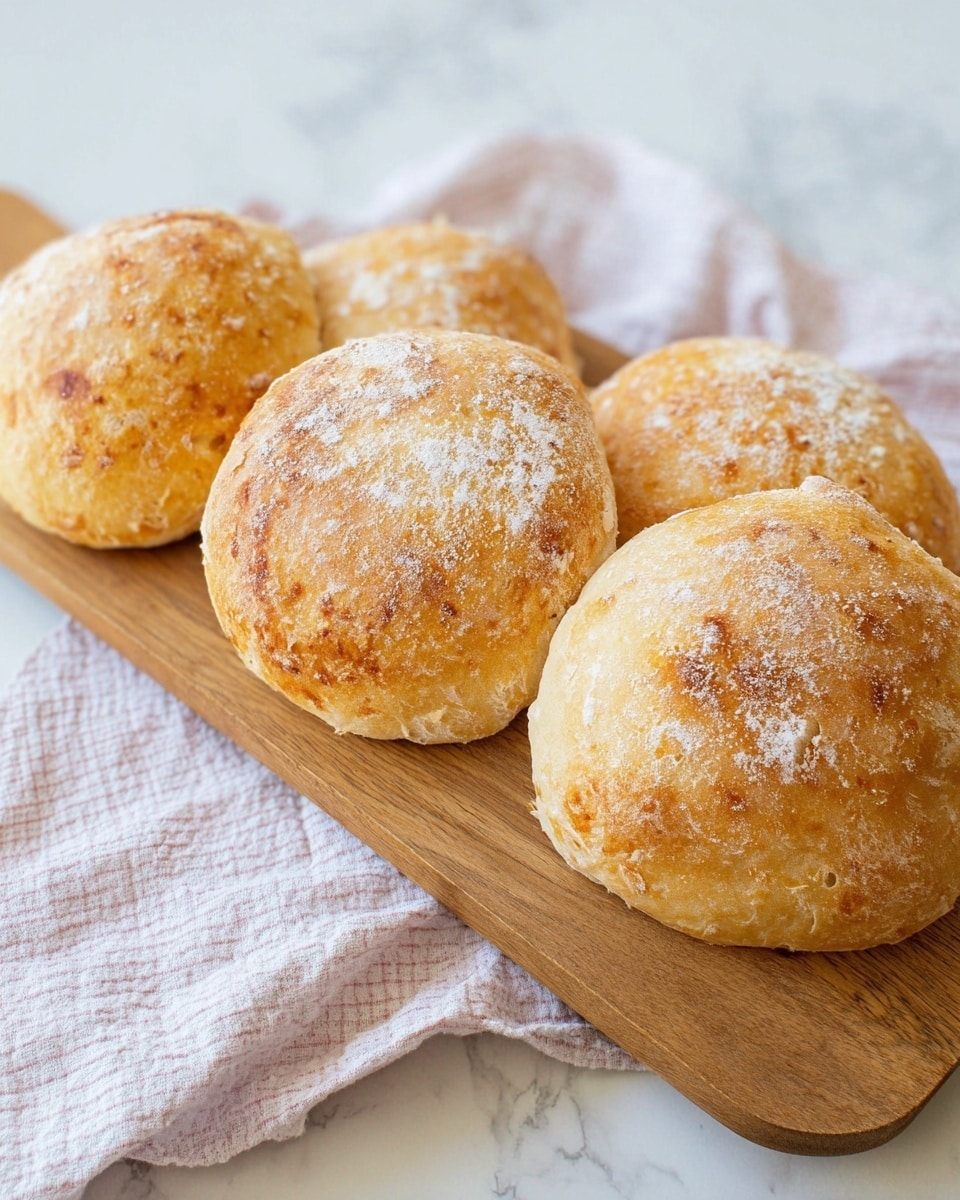 The image shows a close-up of freshly baked bread rolls on a wooden cutting board. The front roll is cut in half, revealing a soft, fluffy interior with a light cream color and small air holes throughout. The crust is golden brown with a slightly uneven and rustic texture, dusted with white flour. The cutting board sits on a white marbled surface with a pink and white checkered cloth underneath, and a white-handled knife rests beside the bread. Photo taken with an iphone --ar 4:5 --v 7