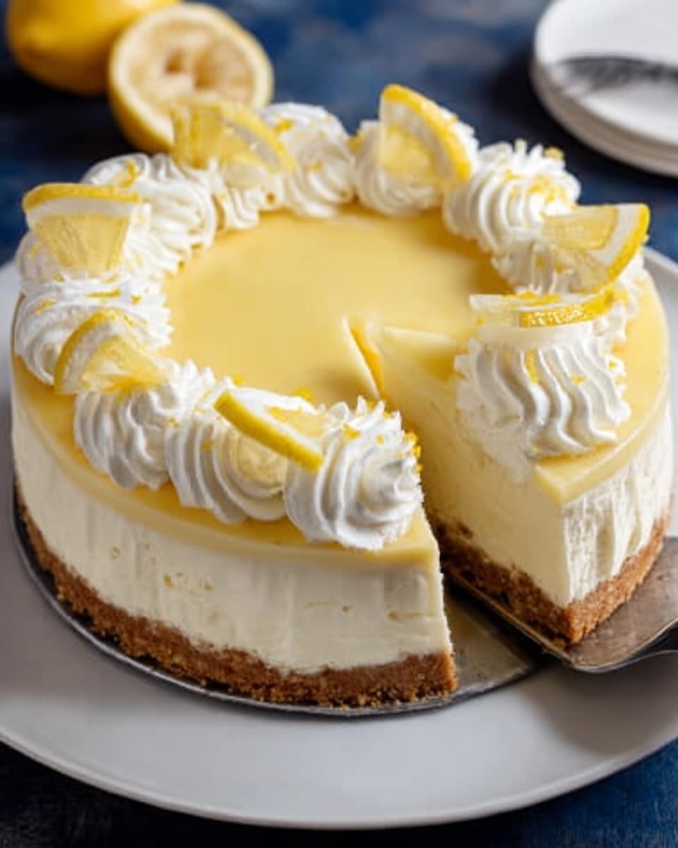 A close-up view of a slice of lemon cheesecake held by a woman's hand with a metal server, showing four layers: the bottom layer is a brown, crumbly graham cracker crust; above it is a thick, creamy off-white cheesecake layer with a smooth texture; next is a glossy, wavy yellow lemon curd layer on top of the cheesecake; the top edge is decorated with white whipped cream swirls and small lemon wedge pieces, all resting on a white plate on a white marbled texture surface. Photo taken with an iphone --ar 4:5 --v 7