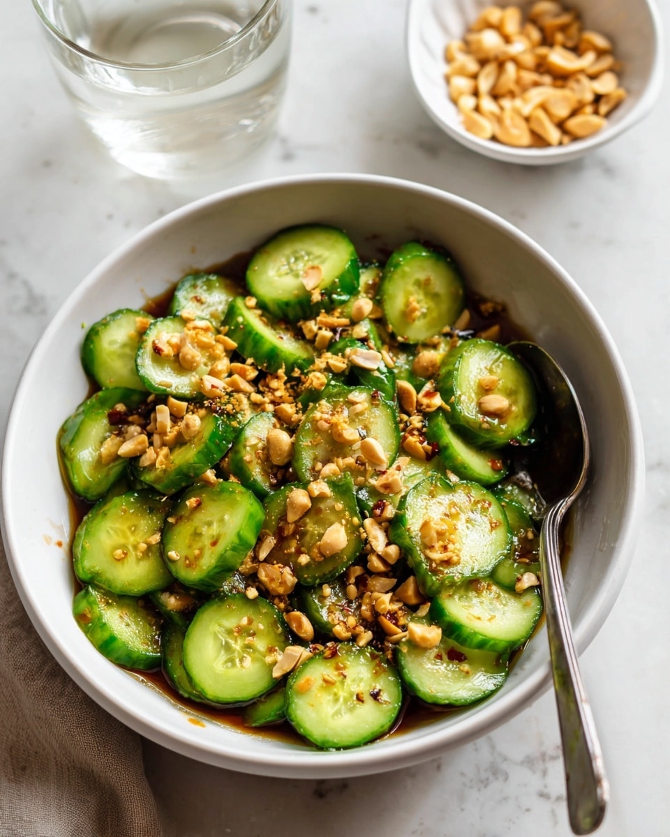 A large white bowl filled with a cucumber salad showing several layers of thin, round cucumber slices with bright green skins and light green centers, mixed with small pieces of chopped nuts that have a golden brown and slightly crunchy texture lightly scattered all over the cucumbers. A light brown dressing is drizzled on top, giving some cucumber slices a shiny coating. A silver spoon is partially buried in the salad on the right side of the bowl. The bowl is placed on a white marbled surface, with a smaller white bowl of nuts and a glass of water with ice visible in the background. photo taken with an iphone --ar 4:5 --v 7