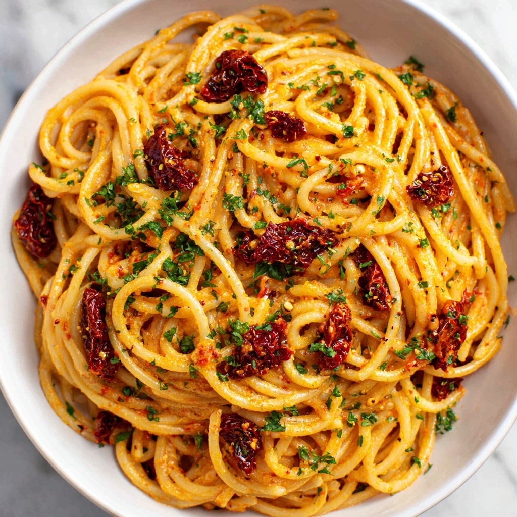A close-up of creamy spaghetti pasta mixed with a rich orange sauce, covered with small pieces of dark red sun-dried tomatoes and sprinkled with fresh green chopped parsley. The pasta strands are twisted and coated evenly with the sauce, which has a smooth and slightly shiny texture. The dish sits on a white marbled surface, enhancing the vibrant colors of the pasta and toppings. photo taken with an iphone --ar 4:5 --v 7