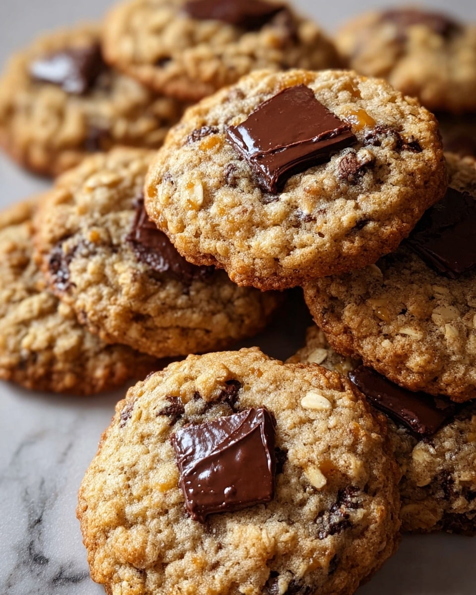 A close-up view of several soft oatmeal cookies with large, dark chocolate chunks and lighter caramel bits scattered throughout. The cookies have a golden-brown bottom with a slightly crispy edge, and a textured, bumpy surface from the oats. They are stacked closely together on a white plate, set against a white marbled texture. The image shows the rich, melty chocolate and chewy caramel embedded in the rough cookie dough, capturing a warm, freshly baked look. photo taken with an iphone --ar 4:5 --v 7