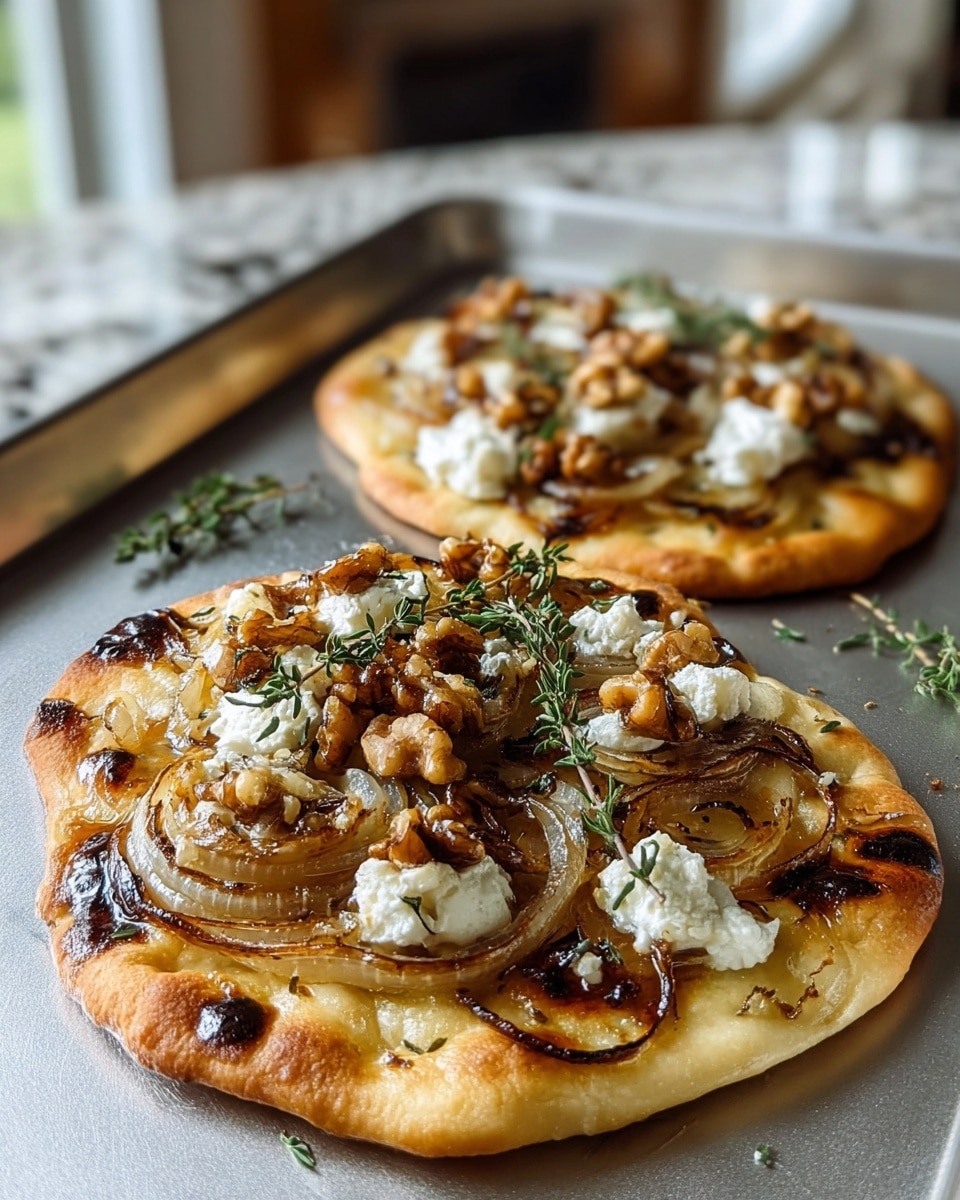 Two small round flatbreads sit on a metal tray, each with a golden-brown crust that is slightly charred in spots, giving a crispy texture. The first layer on each flatbread is caramelized onion slices, soft and golden, topped with dollops of creamy white cheese that looks soft and slightly melted. Scattered on top are whole walnut halves, golden-brown and crunchy, followed by fresh green sprigs of thyme that give a touch of vibrant color. The background shows a kitchen with wooden cabinets and dark chairs, while the flatbreads rest on the tray placed on a white marbled texture surface. photo taken with an iphone --ar 4:5 --v 7