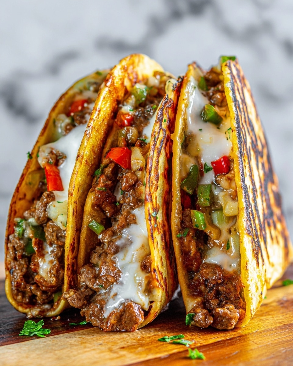 The image shows three tacos standing upright on a wooden surface with a white marbled background. Each taco has a golden brown, crispy tortilla shell on the outside, lightly charred. Inside, layers start with cooked ground beef mixed with green and red bell peppers, then melted white cheese, and a dollop of white sour cream visible in two of the tacos. Small green parsley leaves are scattered inside as garnish. The tacos are arranged close together, showcasing their thick, filling layers. Photo taken with an iphone --ar 4:5 --v 7