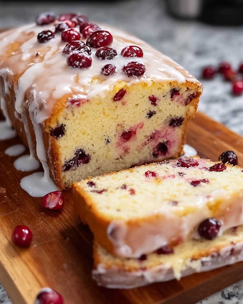 A thick loaf cake is shown sliced on a wooden board with a white marbled texture beneath. The cake has one main layer of dense, pale yellow batter speckled with dark red cranberries throughout. The top layer is golden brown with a slightly rough texture, covered generously by a shiny white icing glaze that drips over the edges. Small, glossy whole cranberries are embedded on the top surface and scattered around the board, enhancing the festive look. The sliced piece reveals a soft crumb with bursts of cranberry color visible inside. Photo taken with an iphone --ar 4:5 --v 7