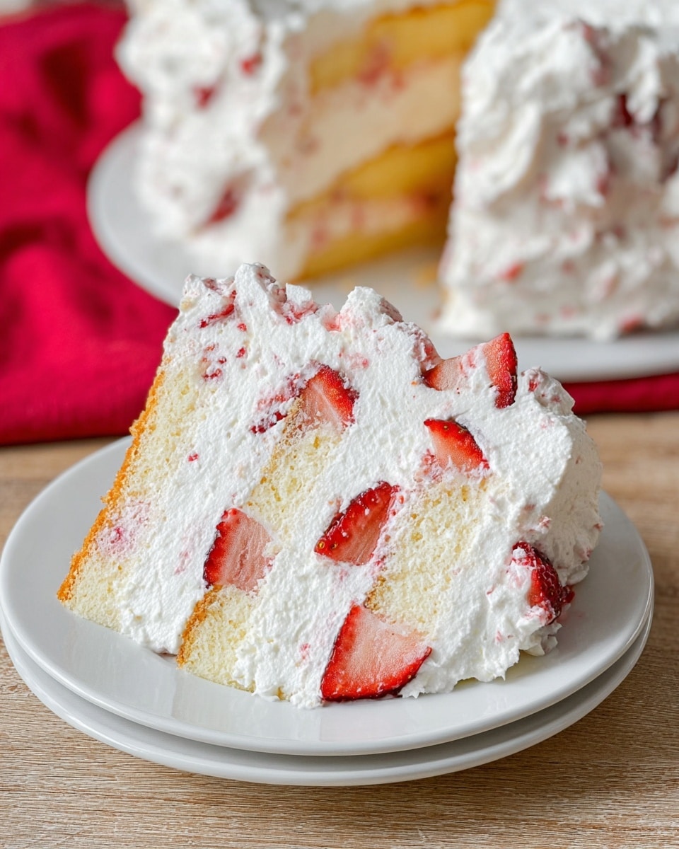 The image shows a ring-shaped dessert with three visible layers. The base layer appears light brown and cakey, partly covered by a thick layer of fluffy white cream mixed with chopped red strawberries, giving it a textured look. The outer layer is covered in the same white cream with chunks of strawberries scattered throughout, creating a mix of smooth and rough surfaces. The dessert is placed on a white plate that rests on a red patterned cloth, and the background is a white marbled texture. photo taken with an iphone --ar 4:5 --v 7