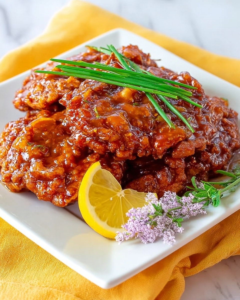 The image shows two pieces of fried chicken coated in a shiny, sticky orange sauce that glistens under the light, with a crispy textured crust visible under the sauce. One piece is broken open, revealing a white, juicy inside. On top of the chicken, there are thin green chives placed as a garnish. The chicken is served on a white plate, and a small portion of yellow sauce or dip is visible to the side. The background is a white marbled texture with a hint of a yellow cloth beneath the plate. photo taken with an iphone --ar 4:5 --v 7