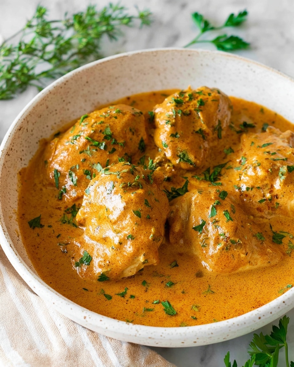 A white round plate filled with six large chicken pieces covered in a thick orange creamy sauce with visible black specks, suggesting spices; the sauce pools around the chicken creating a smooth textured base layer. The chicken pieces have a slightly shiny surface as they are well coated in the sauce. Fresh green chopped parsley is sprinkled evenly on top, adding a bright contrast to the warm colors of the sauce. The plate sits on a white marbled textured surface with a wooden spoon and green parsley leaves placed casually around it. Photo taken with an iphone --ar 4:5 --v 7