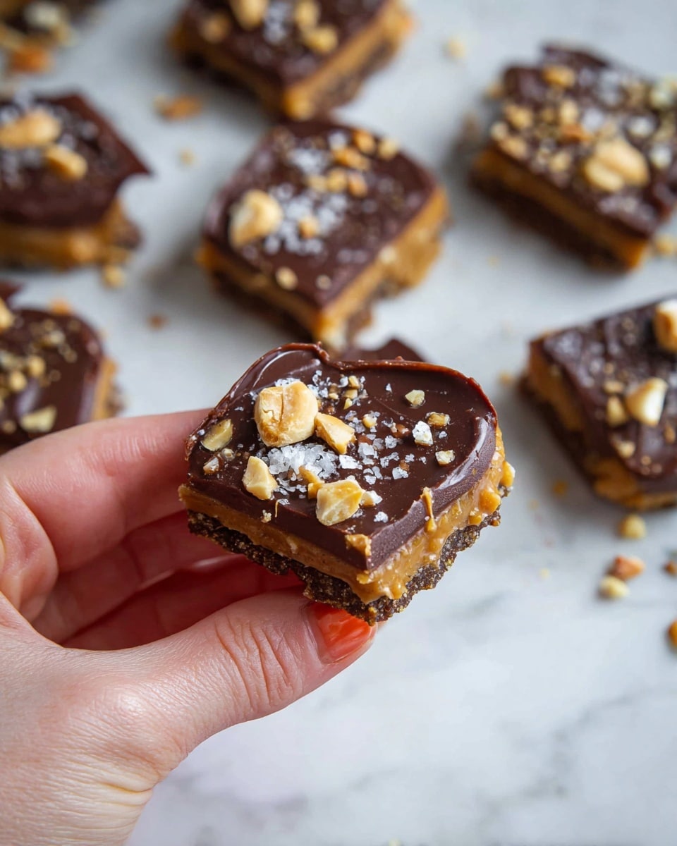 A close-up shows a woman's hand holding a small, square snack with four visible layers: a shiny dark brown dried date base, a middle layer of smooth, light brown peanut butter peeking out from under the top, then a round, glossy dark chocolate layer on top, sprinkled with crushed nuts and a few flakes of salt. Several similar snacks lie scattered on a white marbled surface in soft focus behind. The image captures the texture contrasts and the rich, warm tones of the snack. photo taken with an iphone --ar 4:5 --v 7