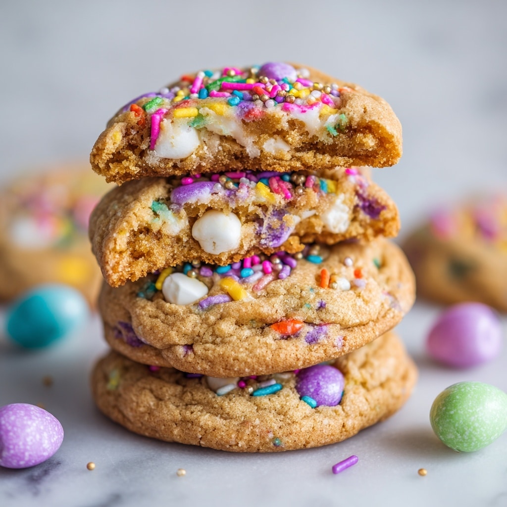 A close-up view of several soft sugar cookies stacked on a white plate, each cookie studded with colorful round candy pieces and covered in bright, multicolored sprinkles in pink, yellow, purple, white, blue, and orange. The cookies have a light golden-brown color with a slightly cracked texture, showing melted white chocolate chips and pastel blue, green, and purple candy bits embedded throughout. The surface around the cookies is smooth with a white marbled texture, adding contrast to the vibrant colors of the sprinkles. Photo taken with an iphone --ar 4:5 --v 7