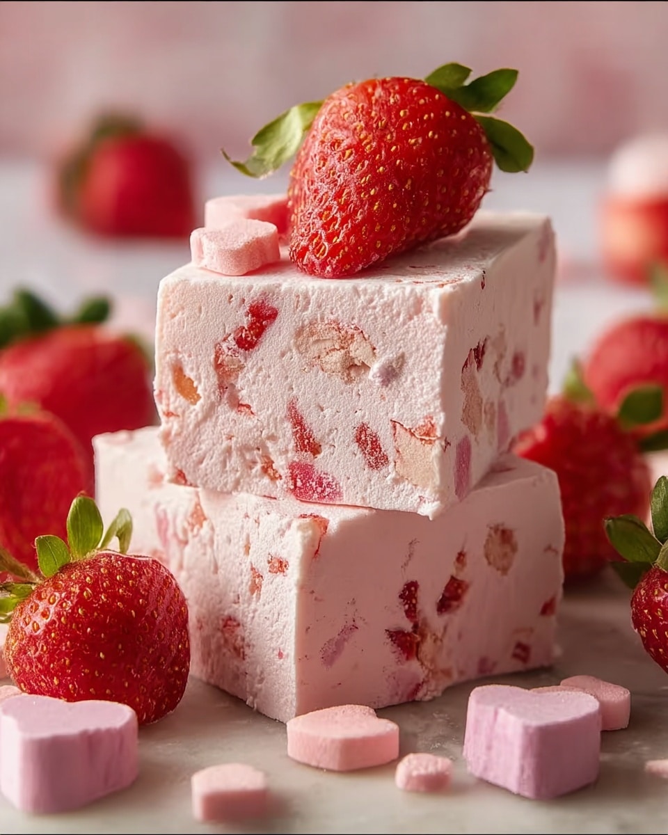 The image shows two pink marshmallow squares stacked on top of each other, with small red strawberry bits throughout the soft, fluffy texture. The top marshmallow has a halved fresh strawberry with green leaves as a garnish. Around the marshmallows, there are whole fresh strawberries and small pink heart-shaped candies on a white marbled surface. The colors are mainly soft pink and red with touches of green from the strawberry leaves. Photo taken with an iphone --ar 4:5 --v 7