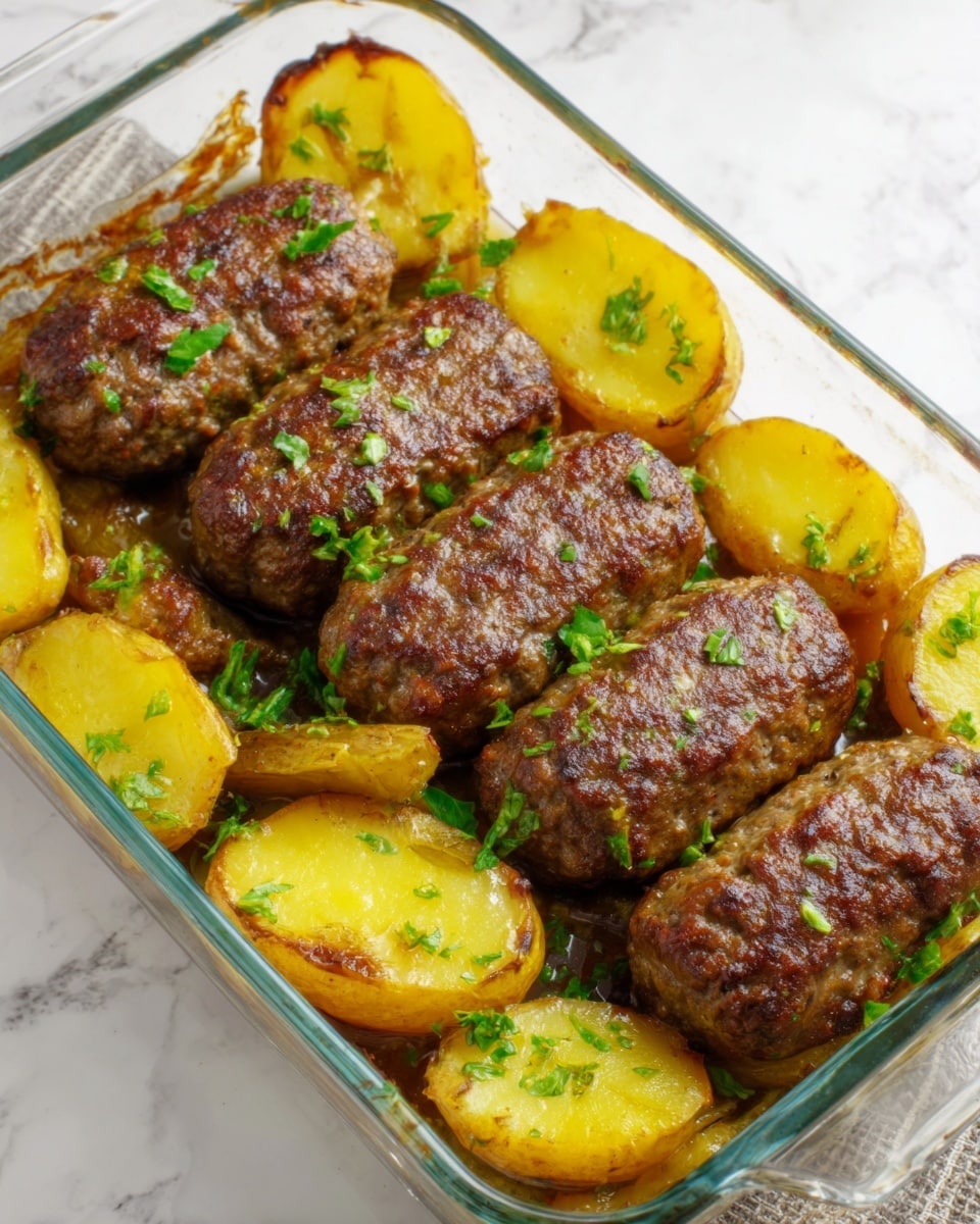 The image shows a white rectangular glass dish filled with cooked meat patties and roasted potato wedges. There are about seven oval-shaped meat patties with a brown, slightly textured surface indicating they are well-cooked. Between and around the patties are several golden-yellow potato wedges with a crispy outer layer. Small pieces of green herbs are sprinkled over the meat and potatoes, adding a touch of color. The dish is placed on a white marbled surface. Photo taken with an iphone --ar 4:5 --v 7