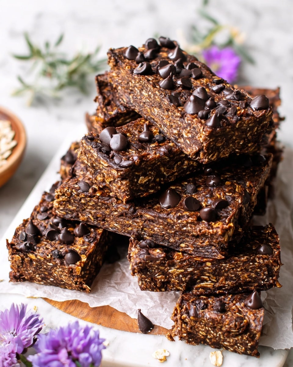 The image shows a square batch of eight chocolate oat bars cut into rectangular pieces, arranged in two rows of four. Each bar has a rough texture with visible oats mixed in, and they are topped with scattered dark chocolate chips that add shine and depth. The bars have a rich, dark brown color with uneven edges, resting on a white parchment paper. The background is a white marbled surface with a wooden board slightly visible underneath. The overall look is rustic and homemade. Photo taken with an iphone --ar 4:5 --v 7